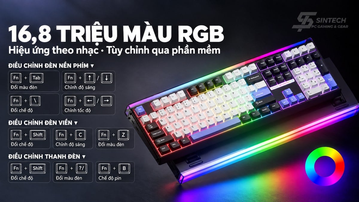 Đèn RGB 16,8 triệu màu trên bàn phím AULA H108 và các phím tắt chỉnh đèn nền, đèn viền