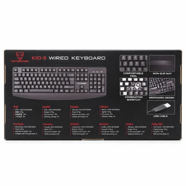 Mặt sau vỏ hộp Motospeed K103 ghi kích thước 445 x 160 x 30 mm và khối lượng 576 g