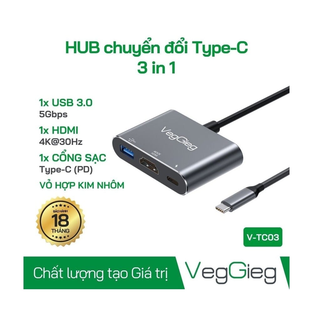 Hub Type-C Veggieg V-TC03 (HDMI, PD, USB 3.0)