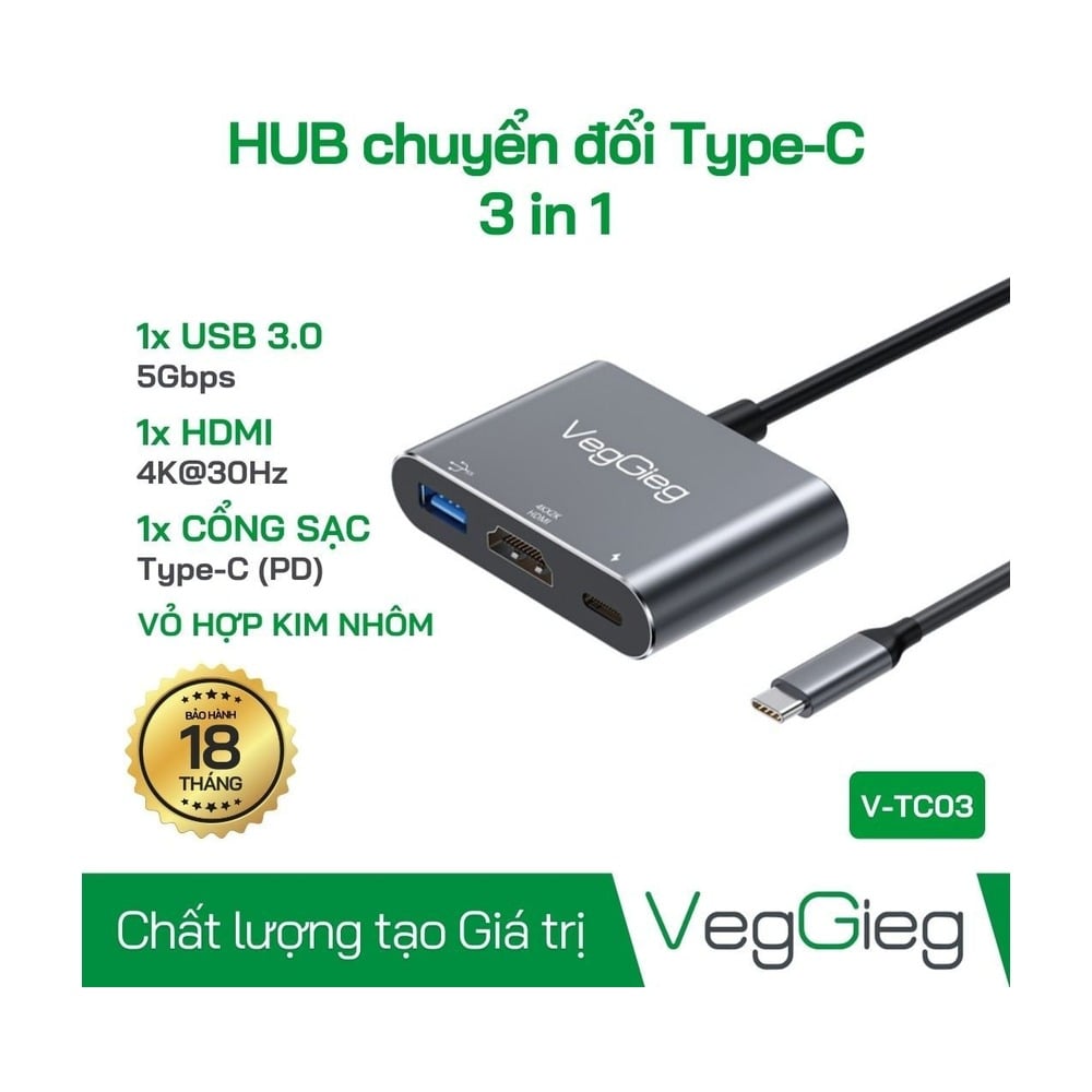Bộ chuyển đổi VEGGIEG USB Type-C ra HDMI + sạc PD + USB 3.0 V-TC03
