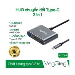 Bộ chuyển đổi VEGGIEG USB Type-C ra HDMI + sạc PD + USB 3.0 V-TC03