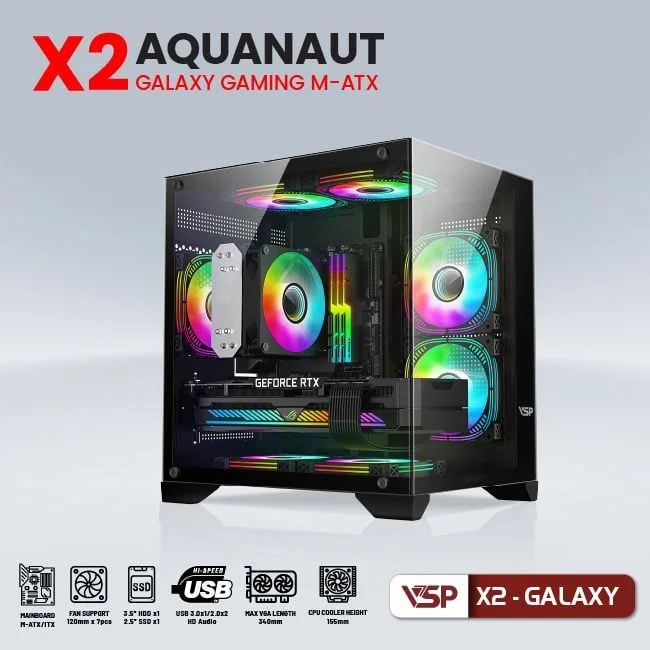 Vỏ Case VSP Aquanaut Pro Gaming X2 Galaxy M-ATX ITX Đen mặt trước