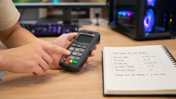 Sổ tay ghi cách tính khoản trả góp mỗi tháng bên máy quẹt thẻ