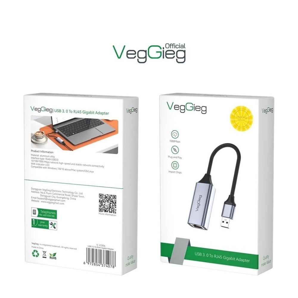 Cáp chuyển VEGGIEG USB 3.0 ra LAN 1000Mbps V-K306
