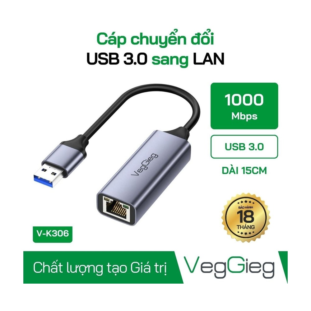 Cáp chuyển VEGGIEG USB 3.0 ra LAN 1000Mbps V-K306