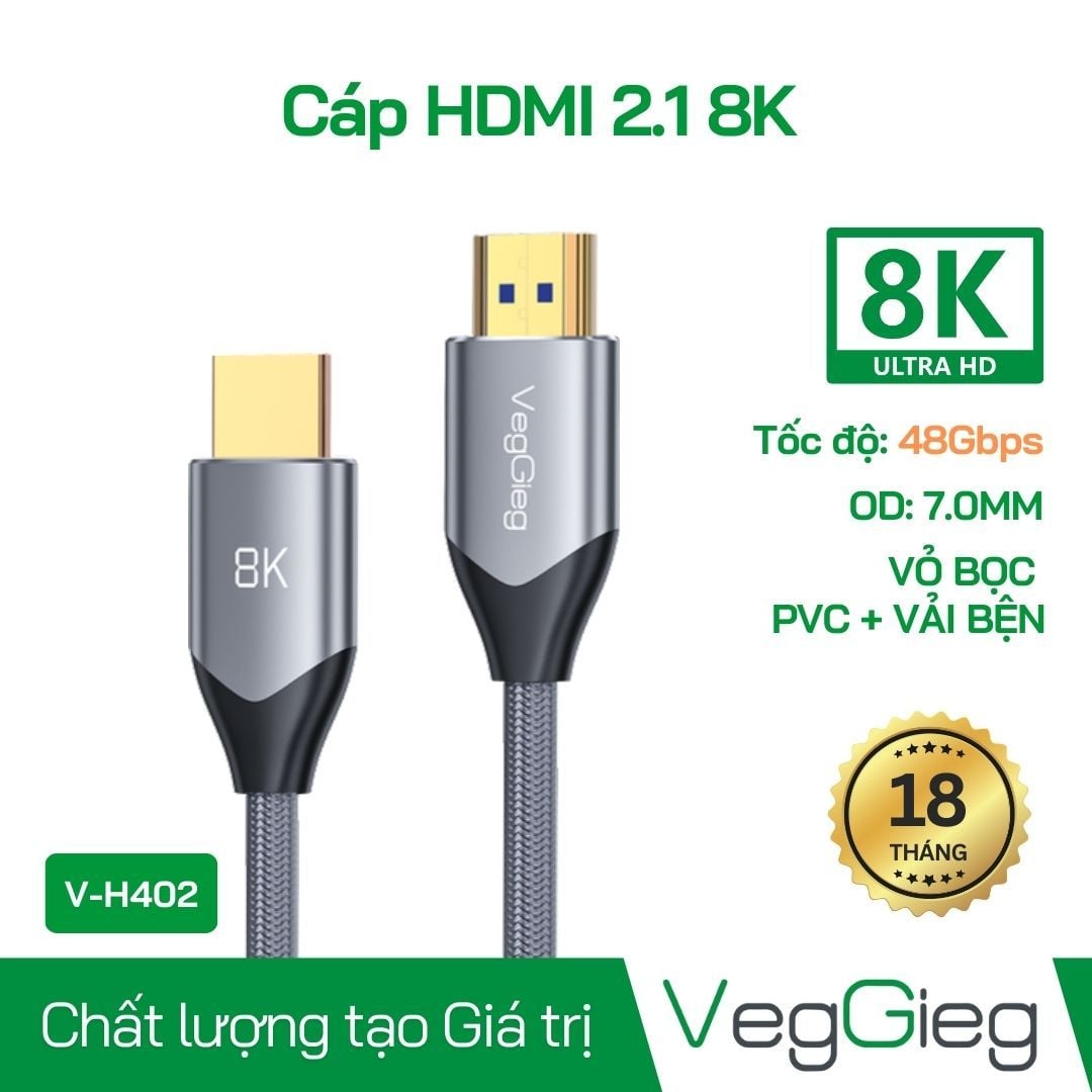 Dây HDMI 8K VEGGIEG V-H404 3m hỗ trợ HDMI 2.1