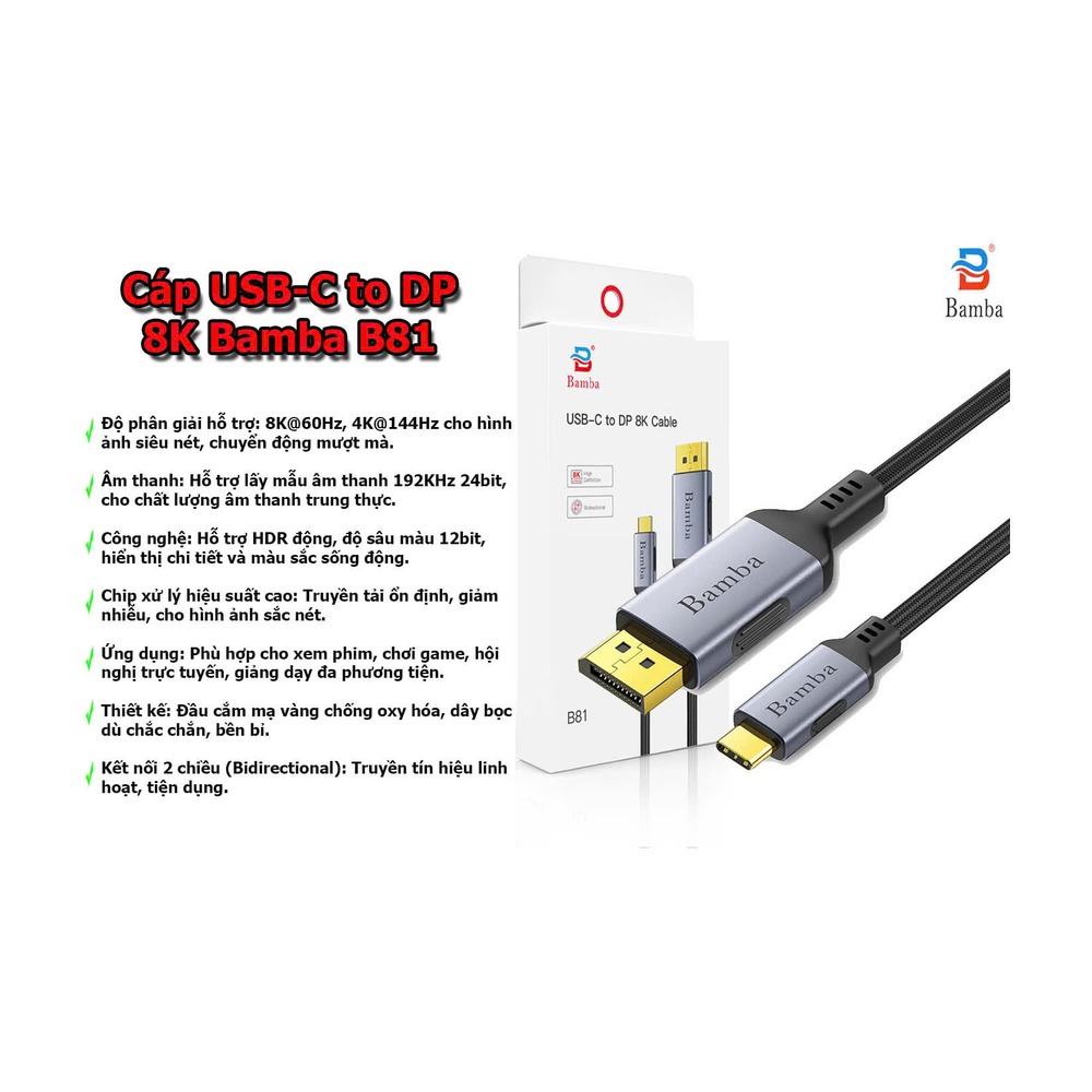Cáp USB C – Display Port Bamba B81 1.8M