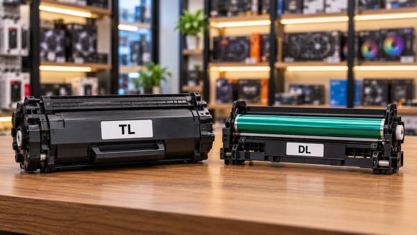 Hộp mực TL và cụm trống DL đặt cạnh nhau