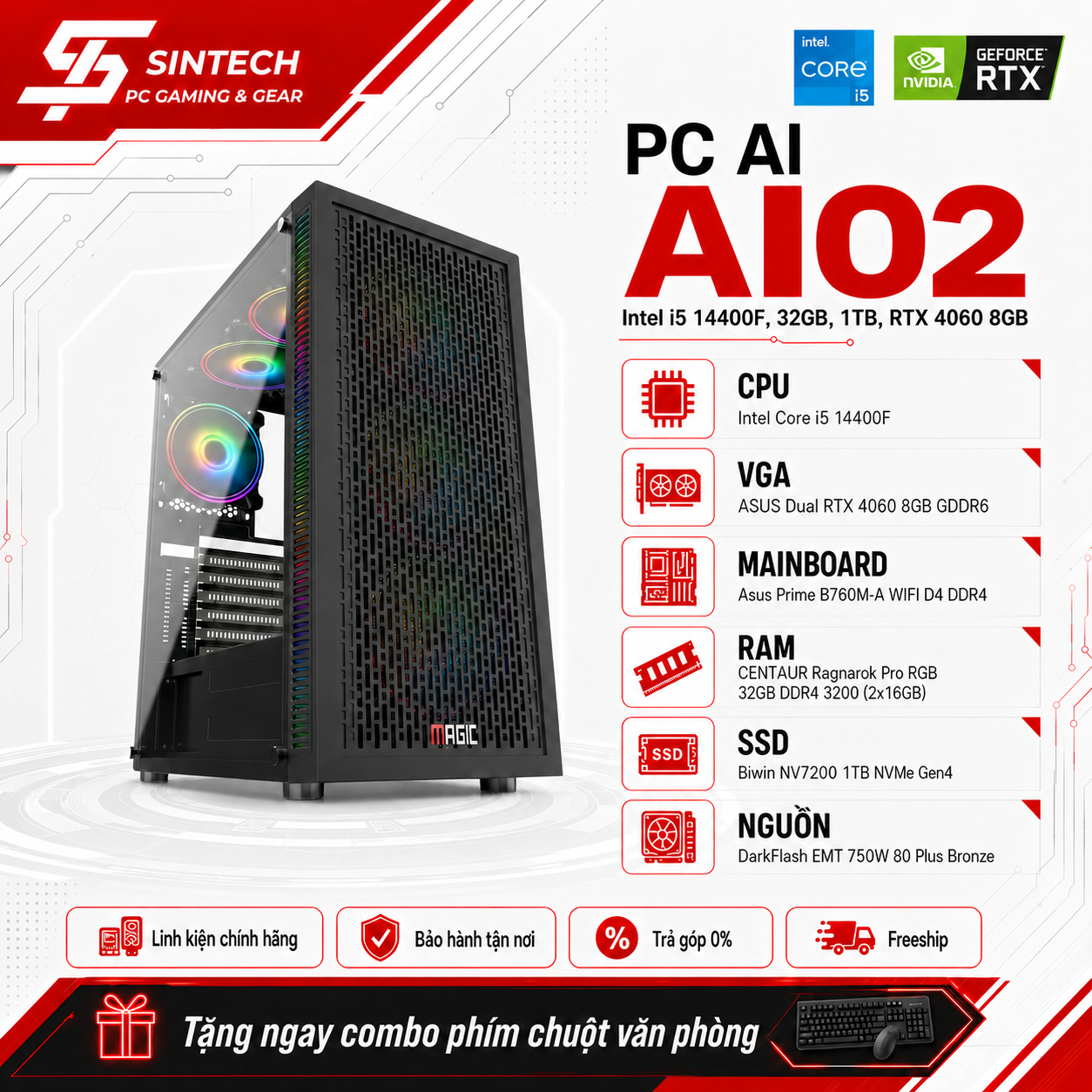PC AI AI02 Intel I5 14400F, 32GB, 1TB, RTX 4060 8GB