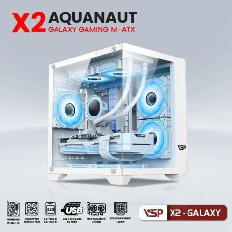 Vỏ Case VSP Aquanaut Pro Gaming X2 Galaxy M-ATX/ITX Trắng