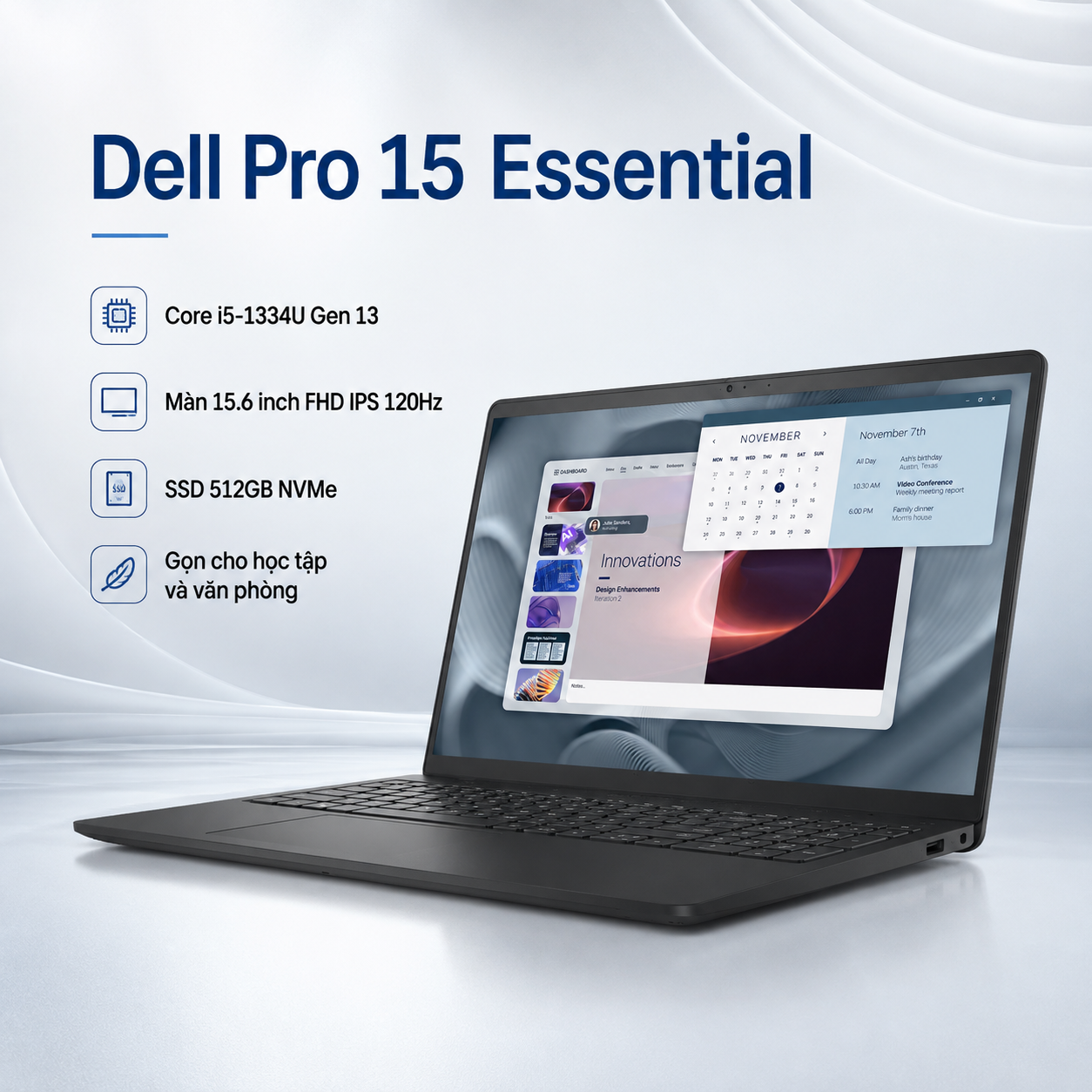 Laptop Dell Pro 15 Essential PV15250 VKVKD (Intel Core i5-1334U, 8GB DDR5, 512GB SSD, 15.6 inch FHD 120Hz, Ubuntu)