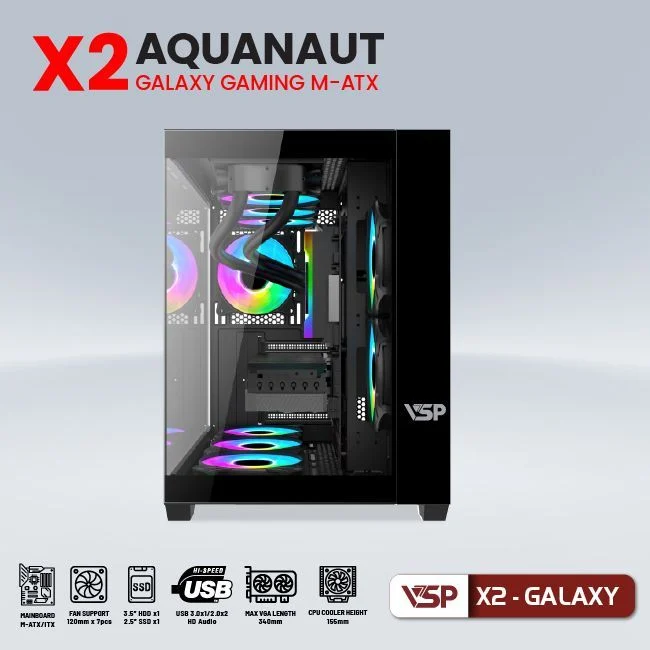 Vỏ Case VSP Aquanaut Pro Gaming X2 Galaxy M-ATX ITX Đen góc nhìn chi tiết