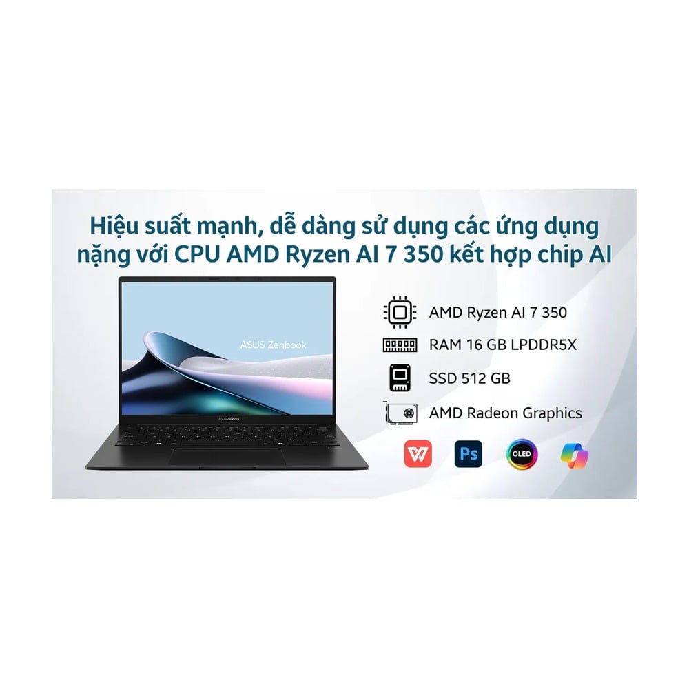 Laptop ASUS Zenbook 14 UM3406KA-PP113WS (RYZEN AI 7 350 | AMD Radeon | 14 inch 3K 120Hz | 16GB | 512GB | Win 11 | Office | Đen)