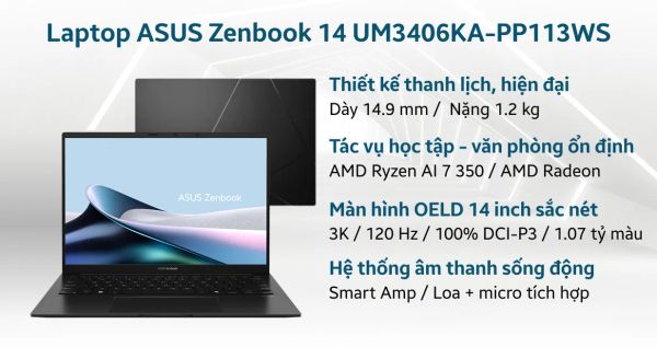 Laptop ASUS Zenbook 14 UM3406KA-PP113WS (RYZEN AI 7 350 | AMD Radeon | 14 inch 3K 120Hz | 16GB | 512GB | Win 11 | Office | Đen)