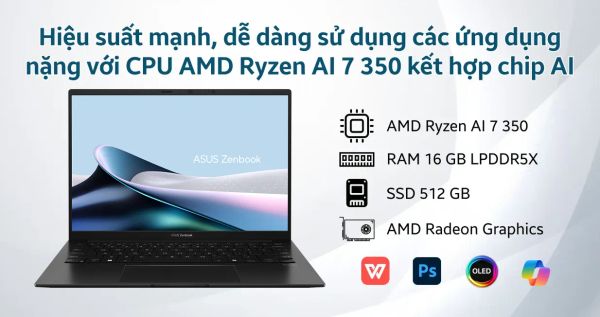 Laptop ASUS Zenbook 14 UM3406KA-PP113WS (RYZEN AI 7 350 | AMD Radeon | 14 inch 3K 120Hz | 16GB | 512GB | Win 11 | Office | Đen)