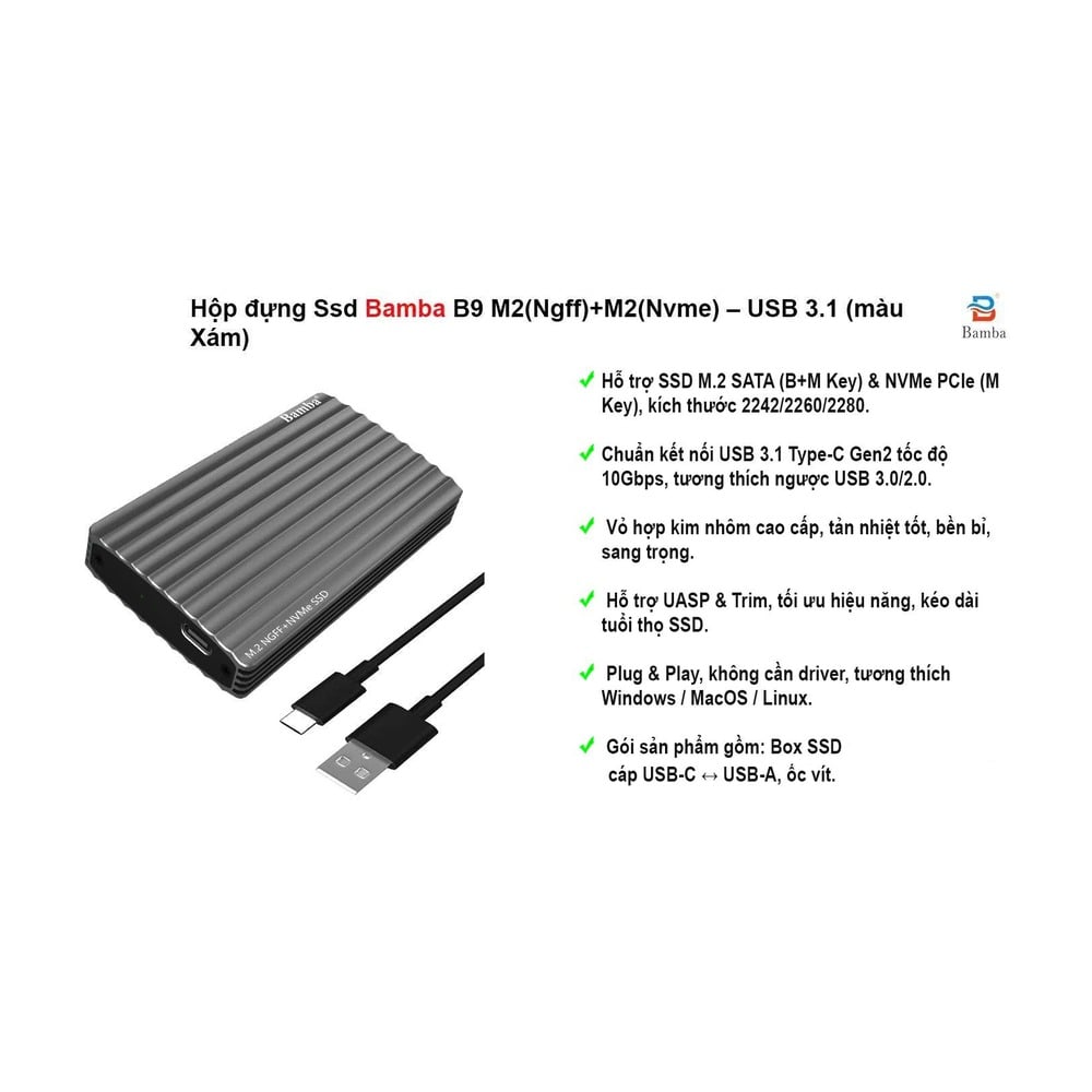 Box SSD Bamba B9 M2 NGFF M.2(Nvme) – USB 3.1 (màu Xám)