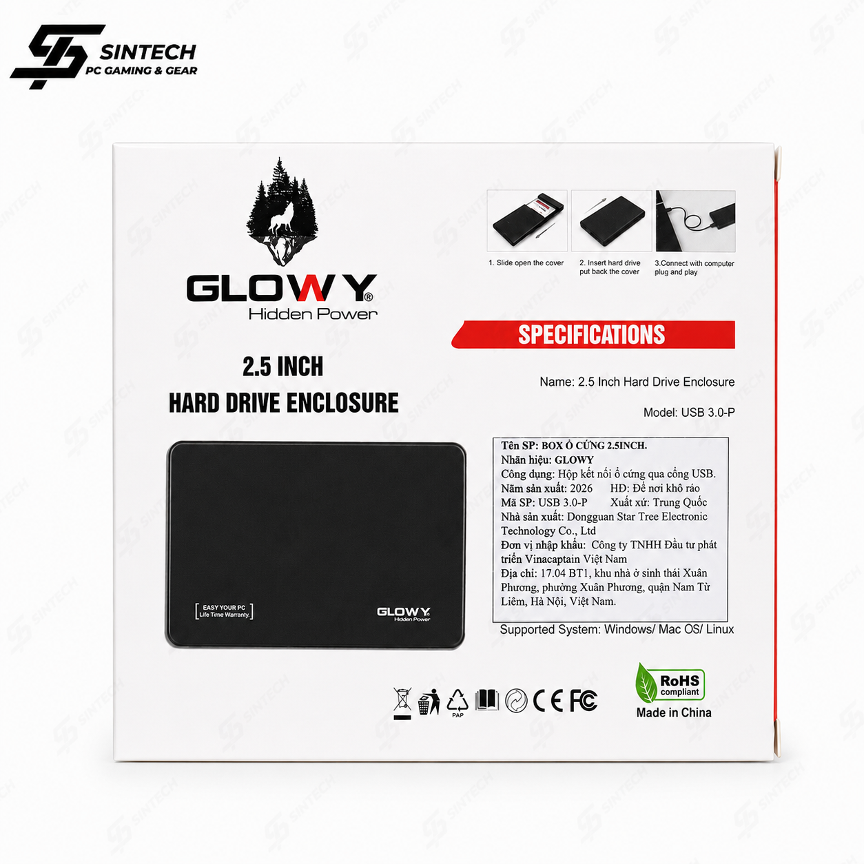 Box HDD Glowy G22U3 2.5″ USB 3.0 Đen (Kèm cáp)