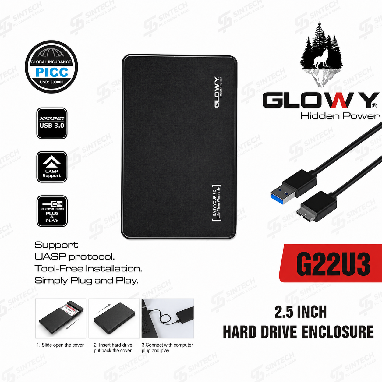 Box HDD Glowy G22U3 2.5″ USB 3.0 Đen (Kèm cáp)
