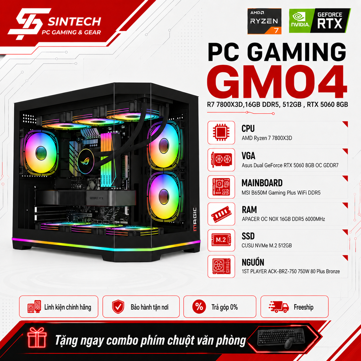 PC Gaming GM04 R7 7800X3D, 16GB DDR5, 512GB, RTX 5060 8GB