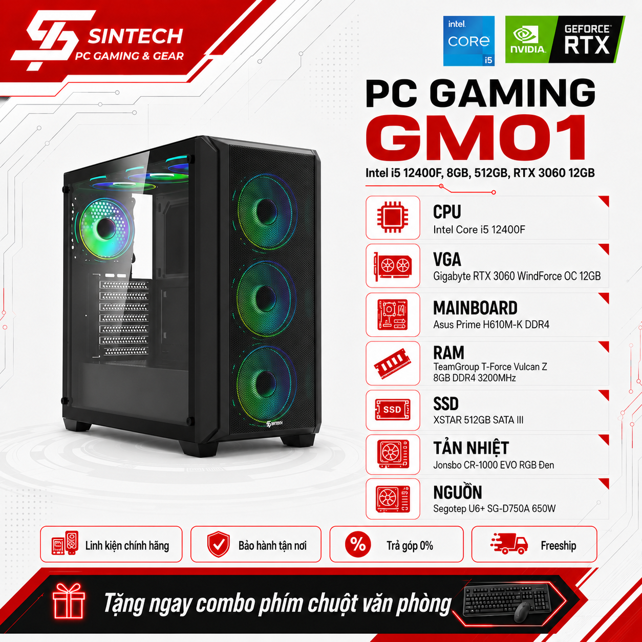 PC Gaming GM01 Intel I5 12400F, 8GB, 512GB, RTX 3060 12GB