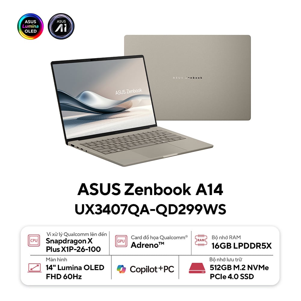 Laptop Asus ZenBook A14 UX3407QA-QD299WS (Snapdragon X  X1 26 100 | 16GB | 512GB | 14 inch WUXGA OLED | Win 11 | Office)