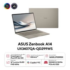 Laptop Asus ZenBook A14 UX3407QA-QD299WS (Snapdragon X  X1 26 100 | 16GB | 512GB | 14 inch WUXGA OLED | Win 11 | Office)