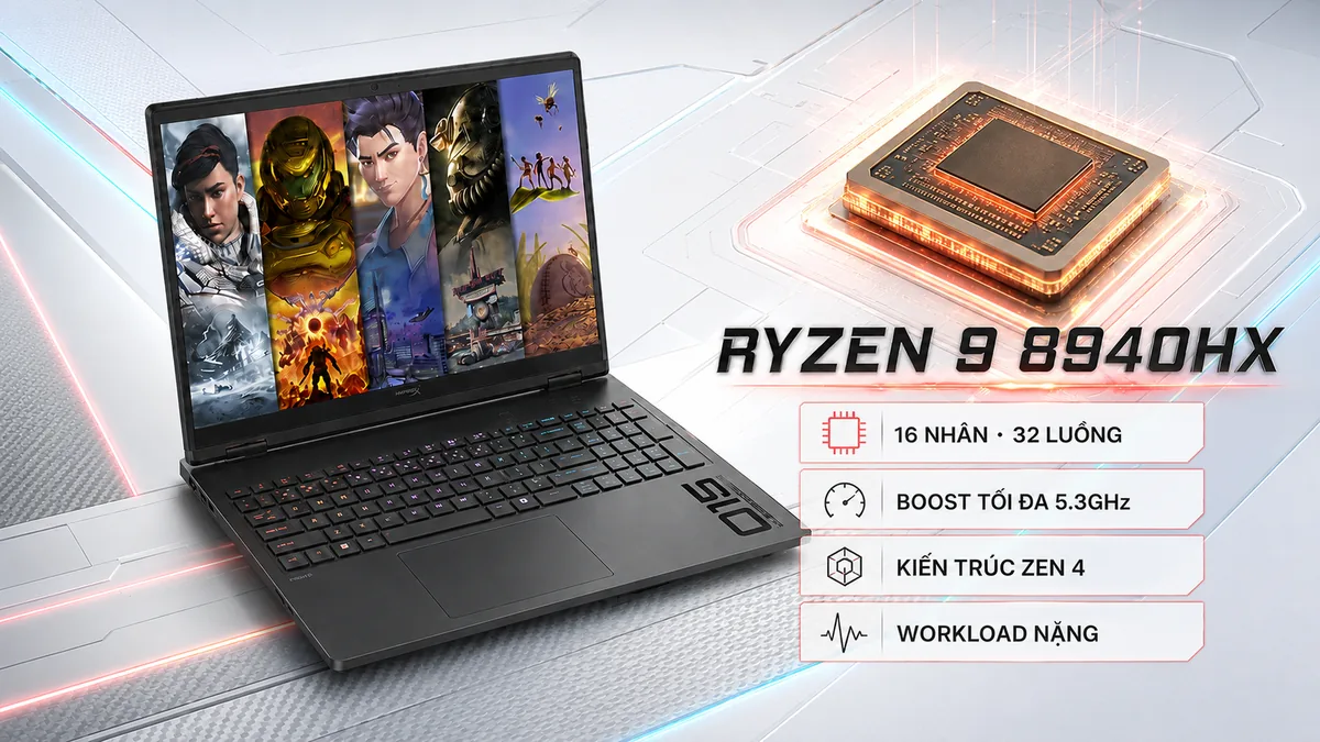 CPU AMD Ryzen 9 8940HX 16 nhân 32 luồng trên HyperX OMEN 15