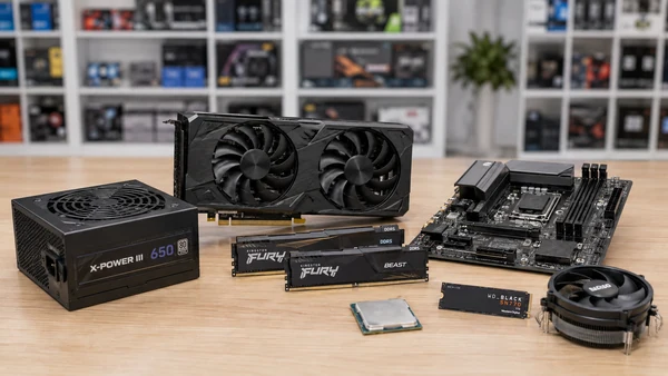 Các linh kiện rời của một bộ PC quán net bày trên bàn gỗ