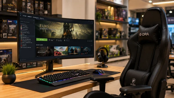 Góc chơi game với màn hình cong và ghế công thái học