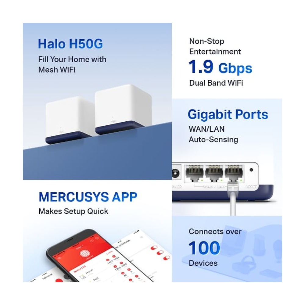 Mesh Wifi MERCUSYS Halo H50G 2 Pack AC1900 ( 2 băng tần, 3 cổng 1Gbps, 350m²)