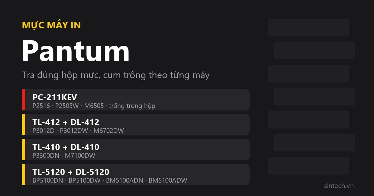 Bảng tra mực máy in Pantum theo từng dòng máy