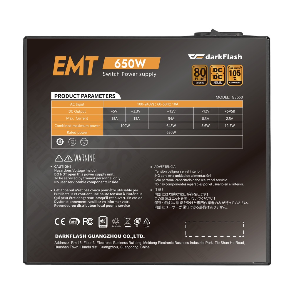 Nguồn DarkFlash EMT 650W 80 Plus Bronze Non- modular ATX