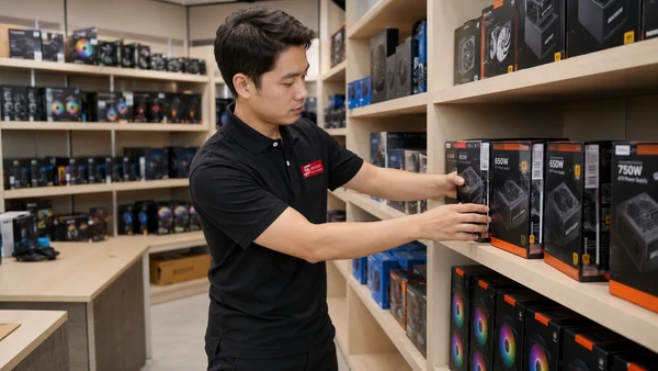 Nhân viên Sintech sắp xếp bộ nguồn trên kệ hàng