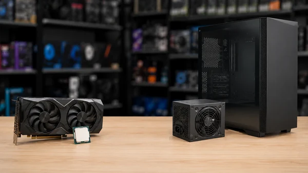 Card đồ hoạ và CPU đặt cạnh bộ nguồn và vỏ case để so sánh