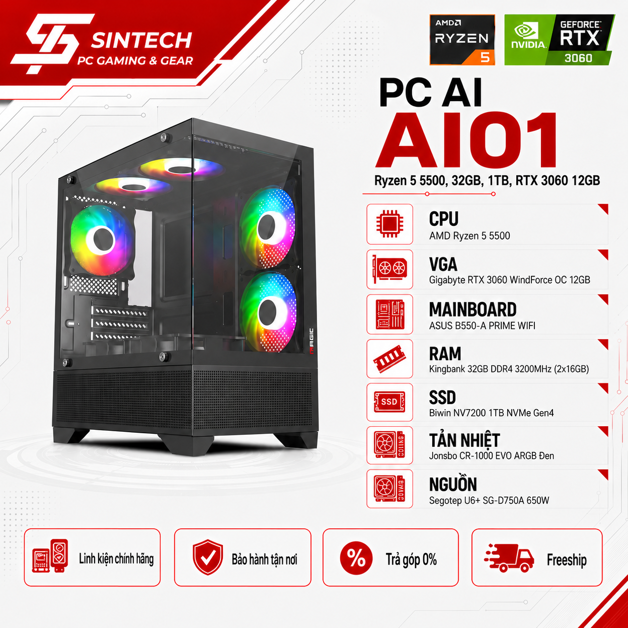 PC AI AI01 Ryzen 5 5500, 32GB, 1TB, RTX 3060 12GB