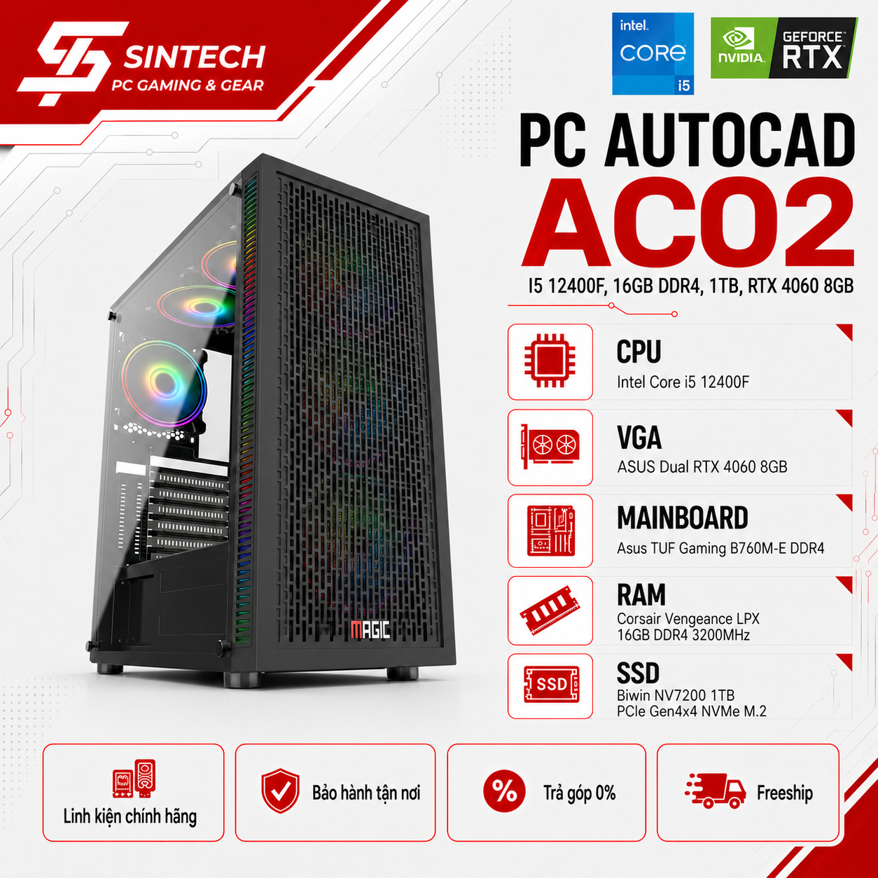 PC AUTOCAD AC02 I5 12400F, 16GB DDR4 , 1TB, RTX 4060 8GB