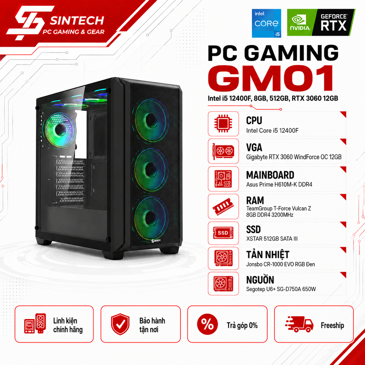 PC Gaming GM01 Intel I5 12400F, 8GB, 512GB, RTX 3060 12GB
