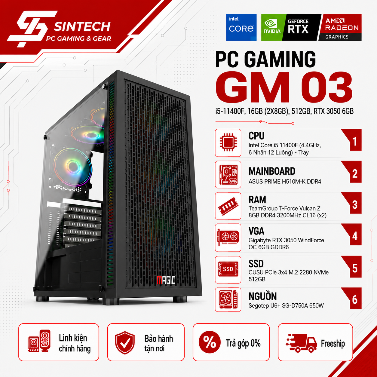 PC Gaming GM03 i5-11400F, 16GB, 512GB, RTX 3050 6GB