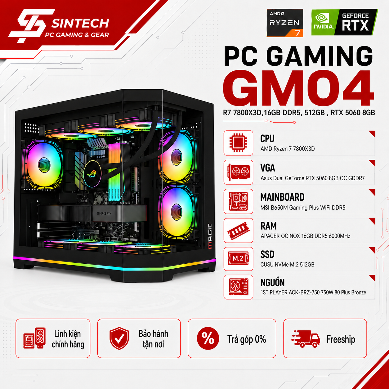 PC Gaming GM04 R7 7800X3D, 16GB DDR5, 512GB, RTX 5060 8GB