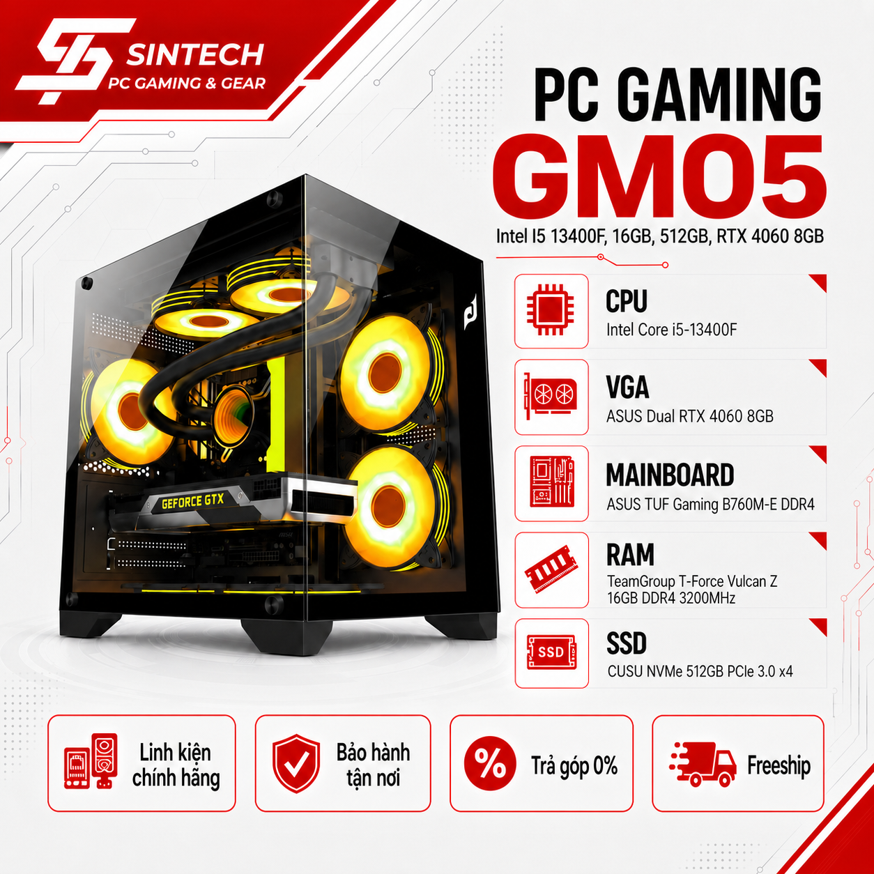 PC Gaming GM05 Intel I5 13400F, 16GB, 512GB, RTX 4060 8GB