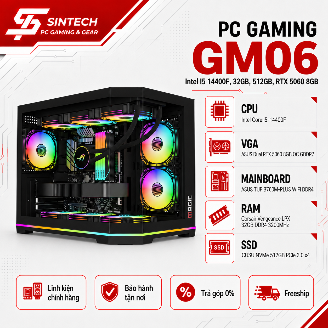 PC Gaming GM06 Intel I5 14400F, 32GB, 512GB, RTX 5060 8GB
