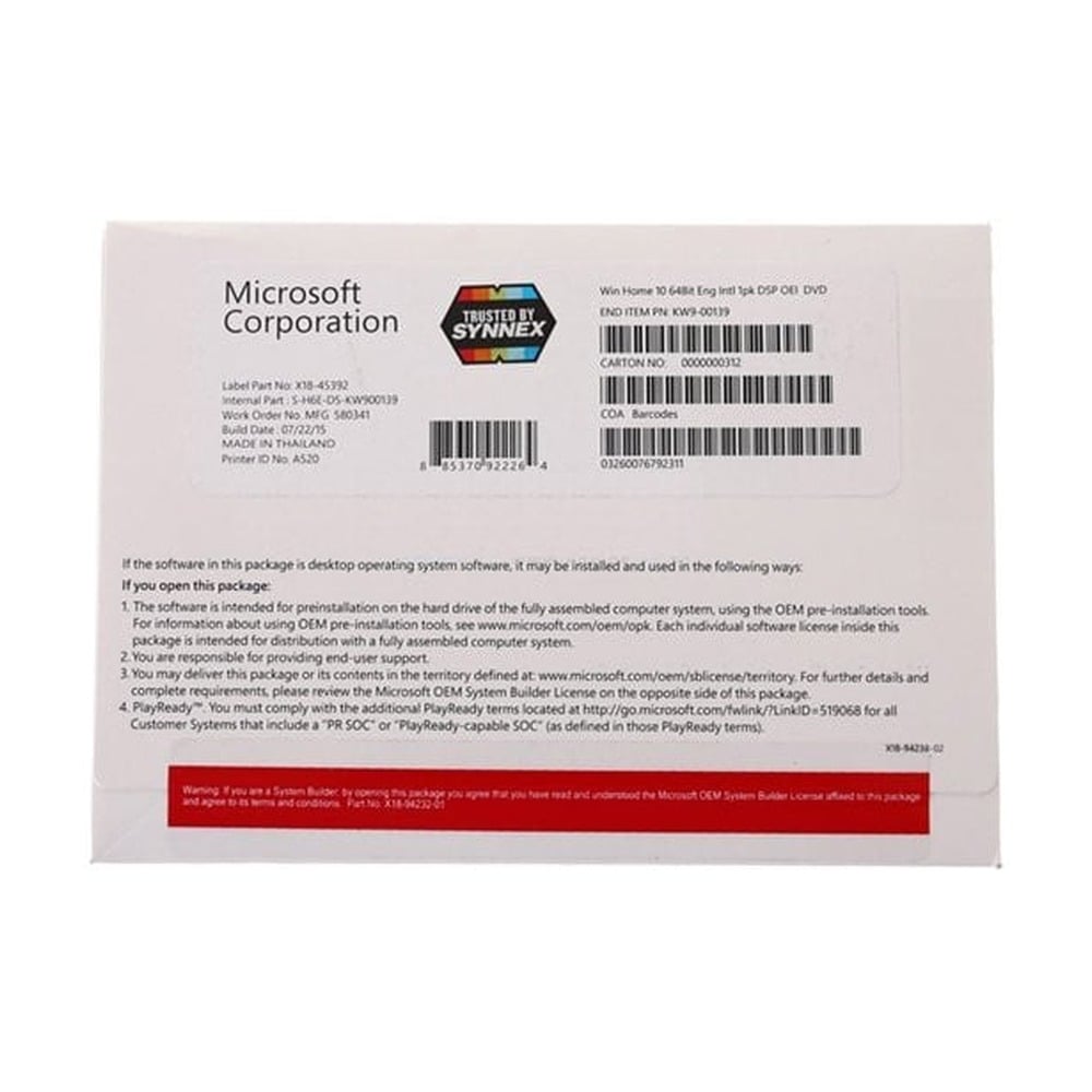 Phần mềm Windows 10 Home 64bit 1pk DSP OEI DVD (KW9-00139)