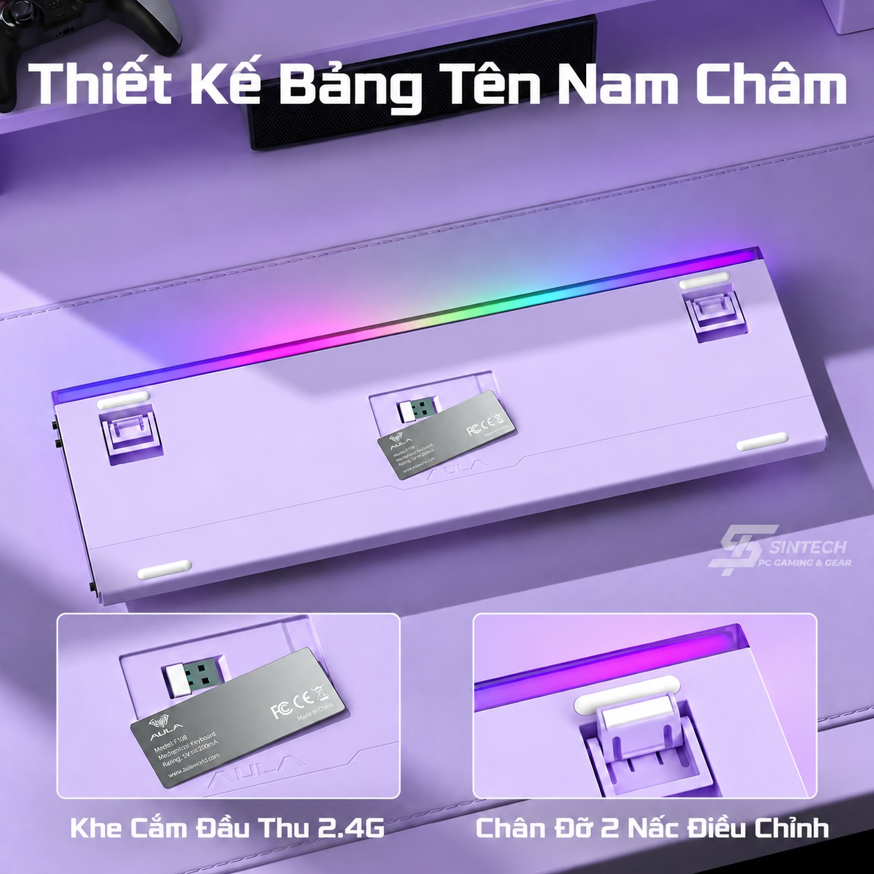 Phím Cơ AULA H108 7495 (Silent Cotton Candy Switch Vàng Tím) Không Dây
