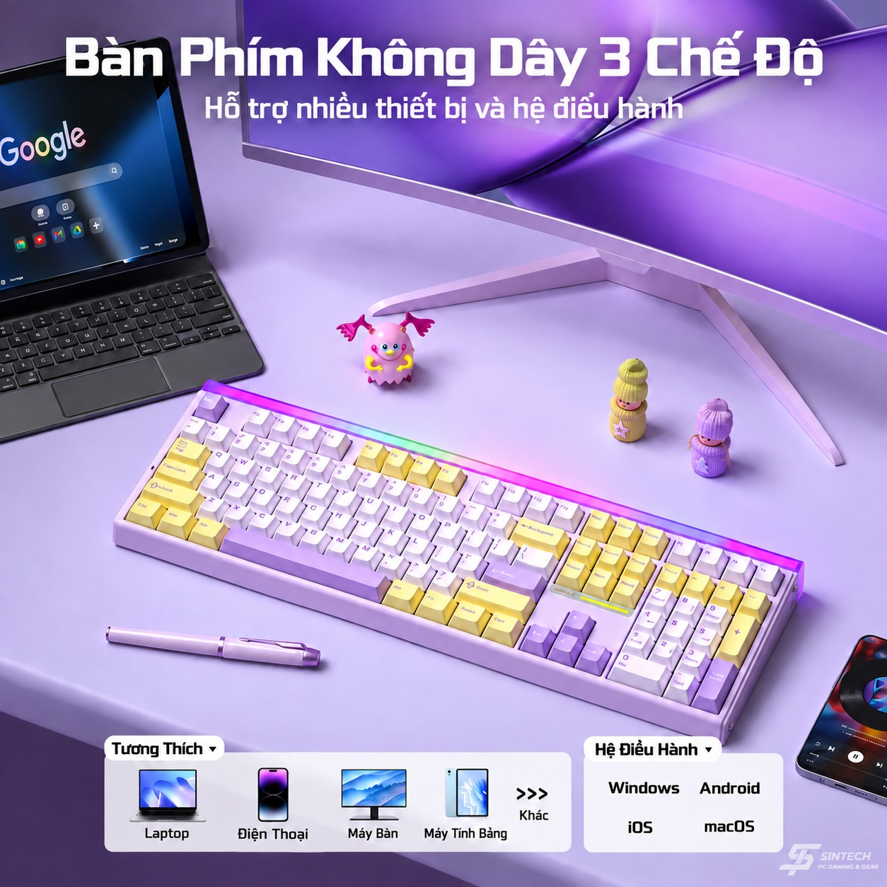 Phím Cơ AULA H108 7495 (Silent Cotton Candy Switch Vàng Tím) Không Dây