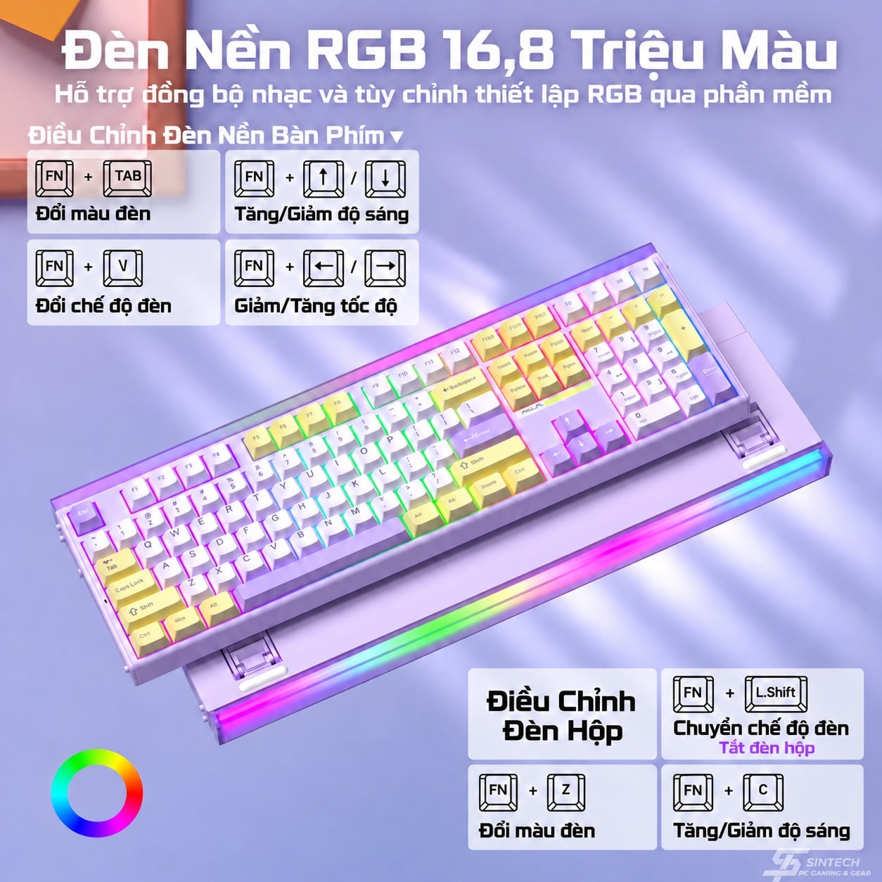 Phím Cơ AULA H108 7495 (Silent Cotton Candy Switch Vàng Tím) Không Dây