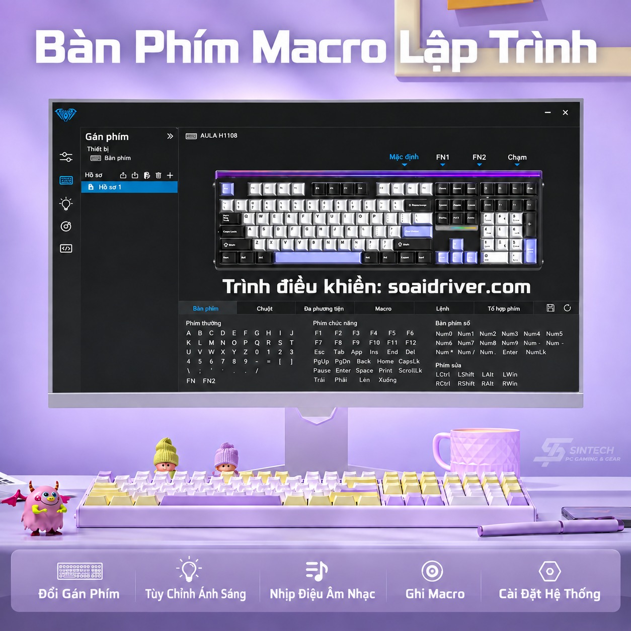 Phím Cơ AULA H108 7495 (Silent Cotton Candy Switch Vàng Tím) Không Dây