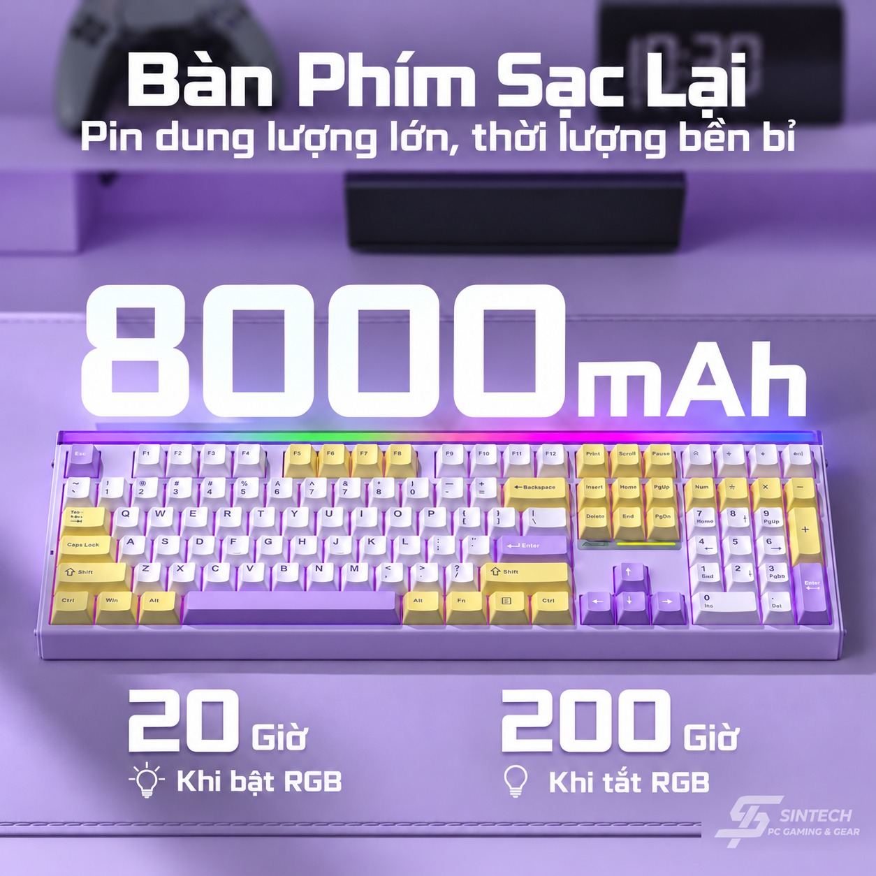Phím Cơ AULA H108 7495 (Silent Cotton Candy Switch Vàng Tím) Không Dây