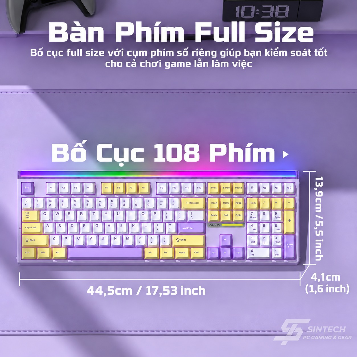 Phím Cơ AULA H108 7495 (Silent Cotton Candy Switch Vàng Tím) Không Dây