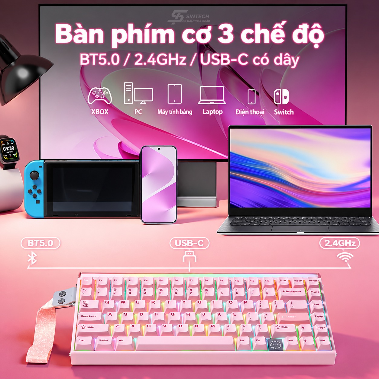 Phím Cơ AULA HERO75HE 8584 (Mistcloud Magnetic Switch Hồng) Không Dây
