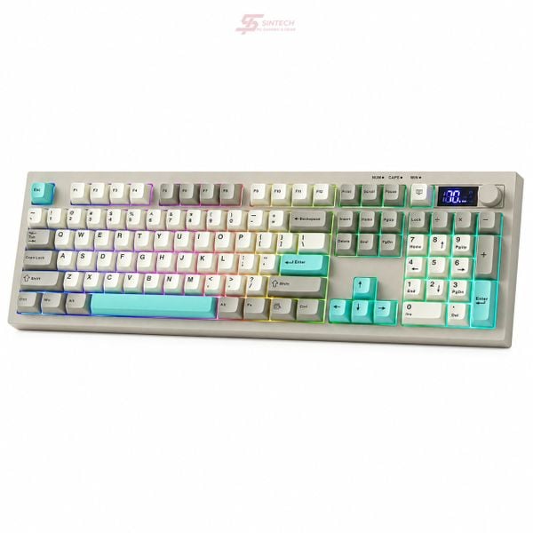 Phím Giả Cơ AULA S102 Pro 4777 xám be xanh ngọc nhìn nghiêng, màn hình và núm xoay